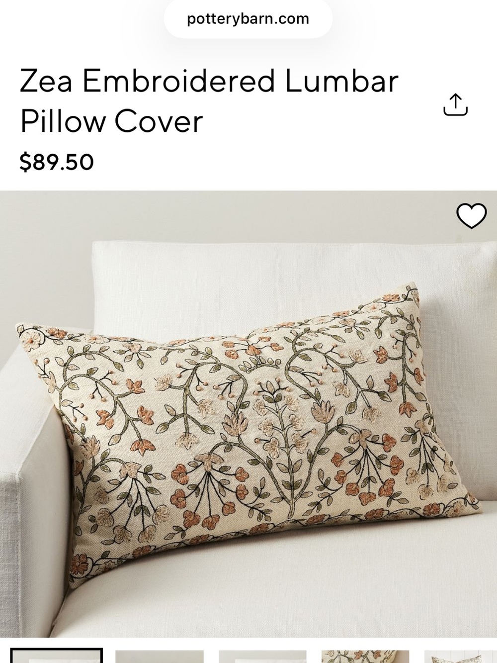 Pottery barn embroidered Floral pillow case in Cream and Terracotta